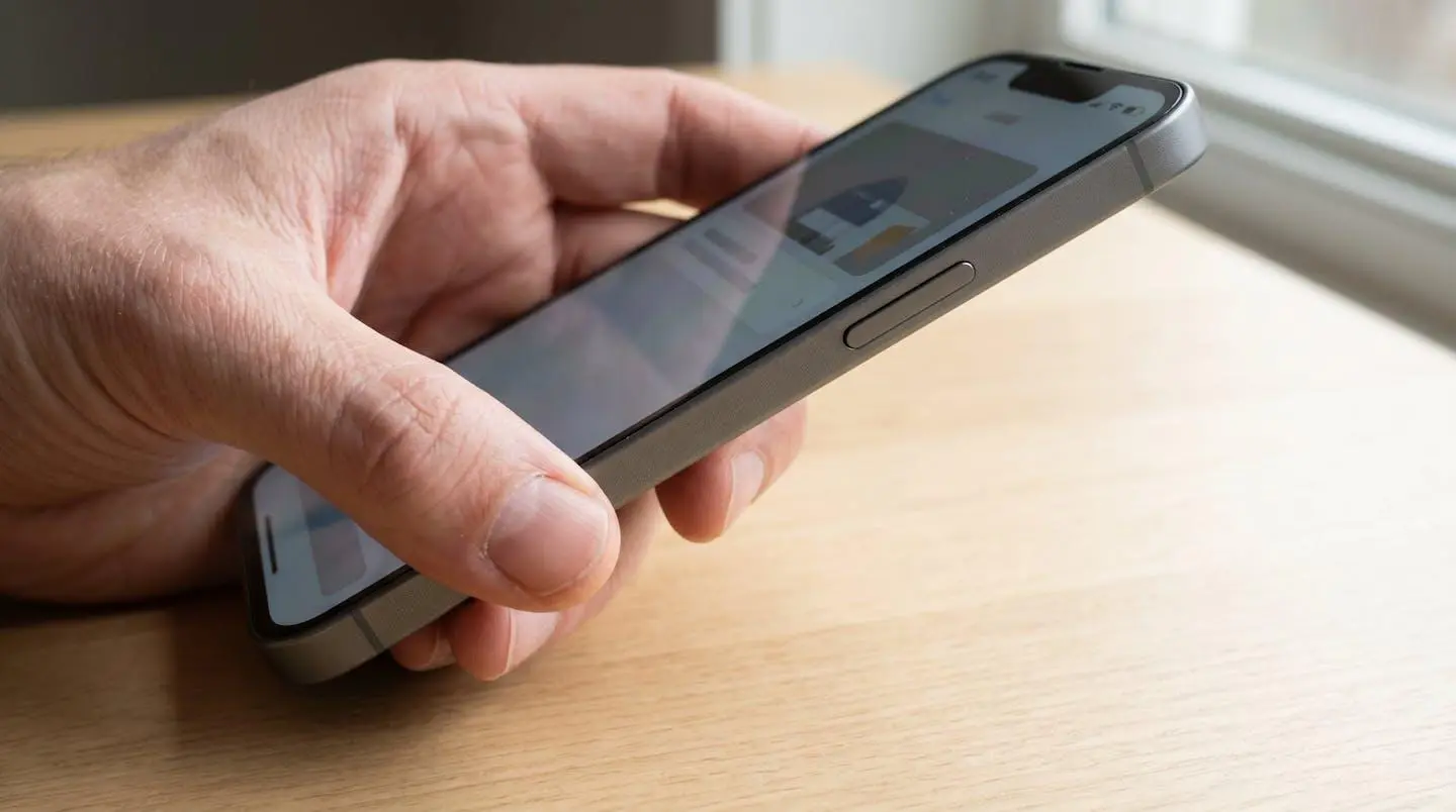Extreme close-up of a hand holding a modern smartphone with the screen partially visible and softly blurred, set against a clean contemporary surface with beautiful background bokeh