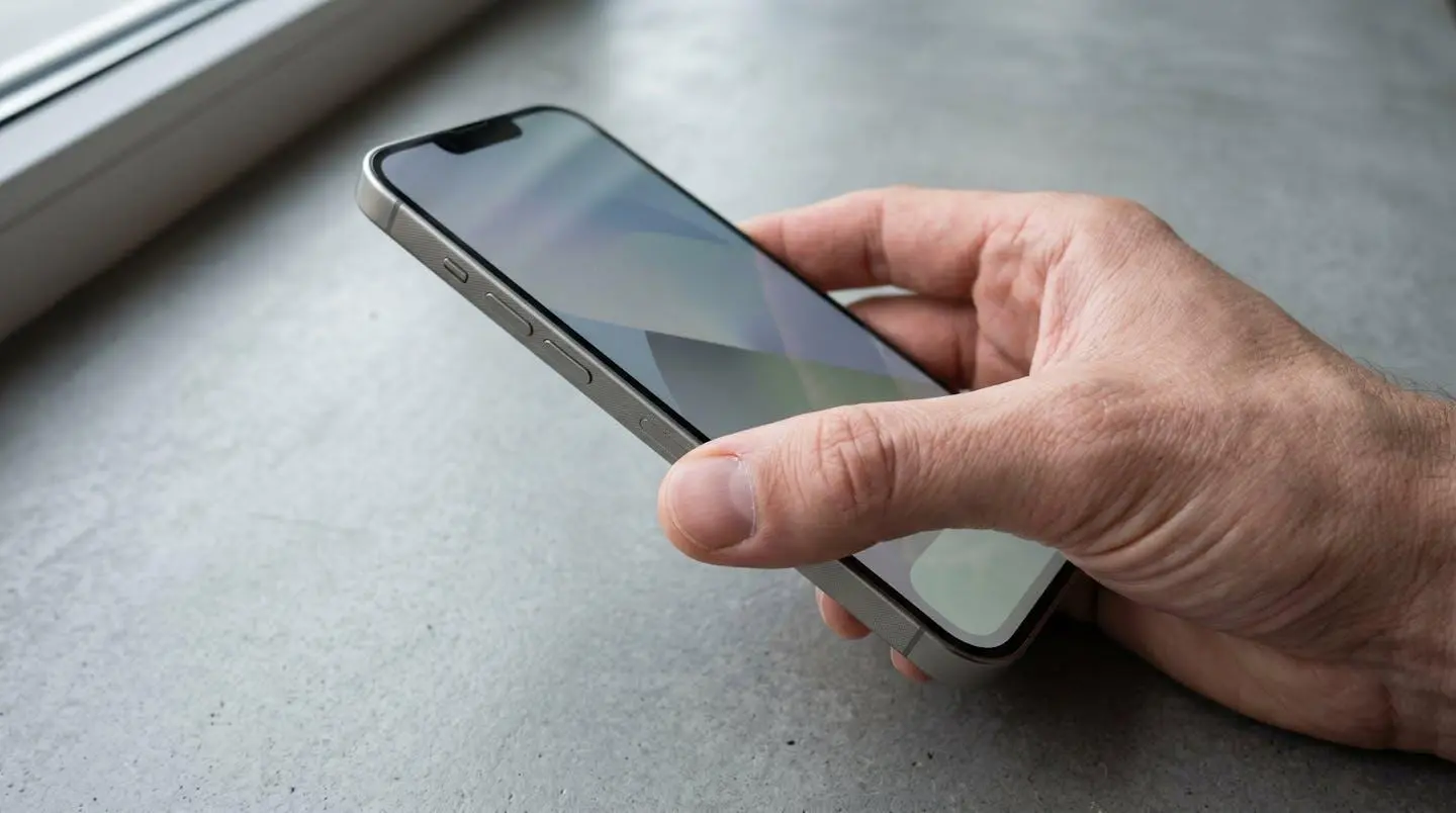 Extreme close-up of a hand holding a modern smartphone with the screen partially visible and softly blurred, set against a clean contemporary surface with beautiful background bokeh