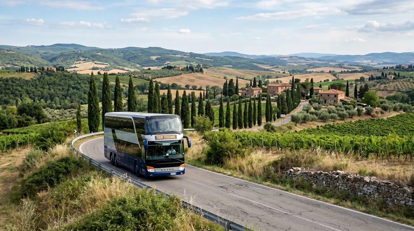A modern Tootbus vehicle travels along a sunny Tuscan country road lined with cypress trees and rolling hills