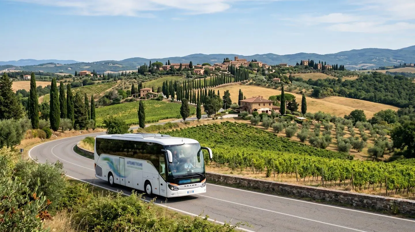 A modern Tootbus vehicle travels along a sunny Tuscan country road lined with cypress trees and rolling hills