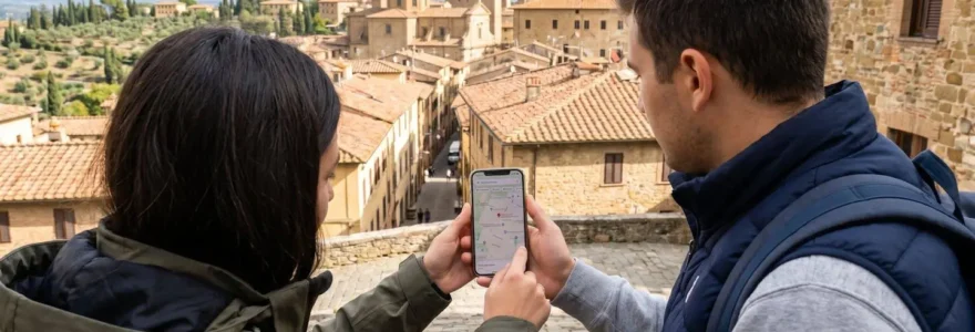 Two travelers viewed from behind consult a smartphone together in front of terracotta-roofed Tuscan buildings on a bright sunny day