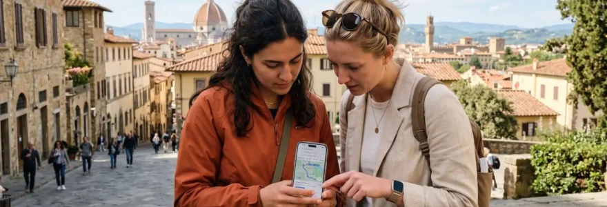 Two travelers viewed from behind consult a smartphone together in front of terracotta-roofed Tuscan buildings on a bright sunny day