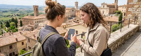 Two travelers viewed from behind consult a smartphone together in front of terracotta-roofed Tuscan buildings on a bright sunny day