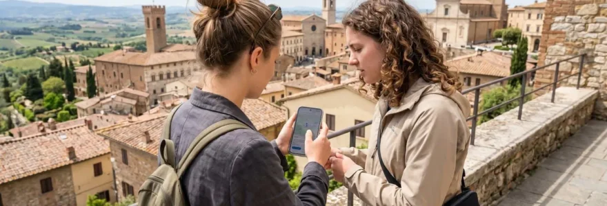 Two travelers viewed from behind consult a smartphone together in front of terracotta-roofed Tuscan buildings on a bright sunny day