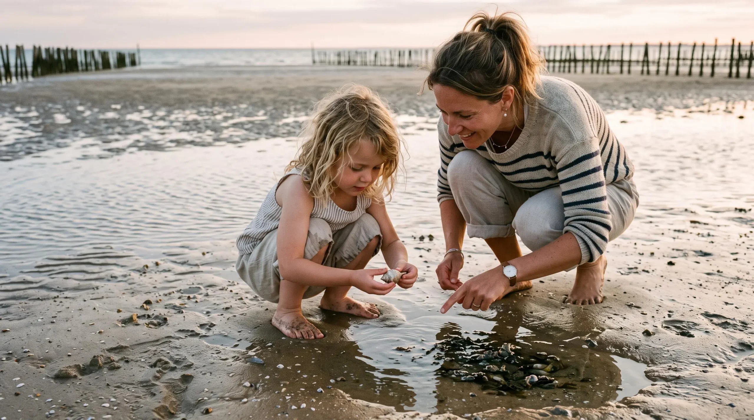 A child holds a shell on a sandy beach at low tide while a parent points to tide pools.