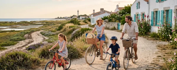 A family of four cycling along a coastal path lined with whitewashed houses on Île de Ré.