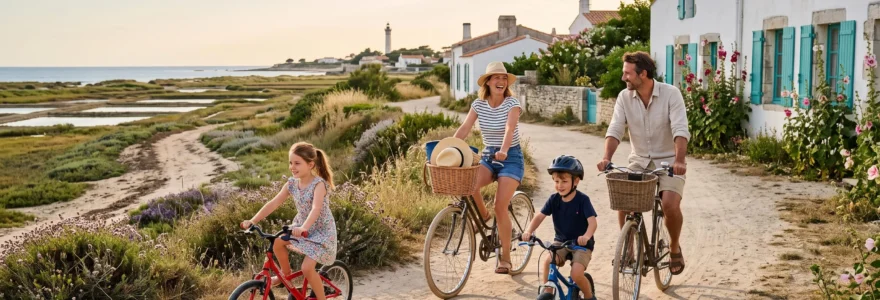 A family of four cycling along a coastal path lined with whitewashed houses on Île de Ré.
