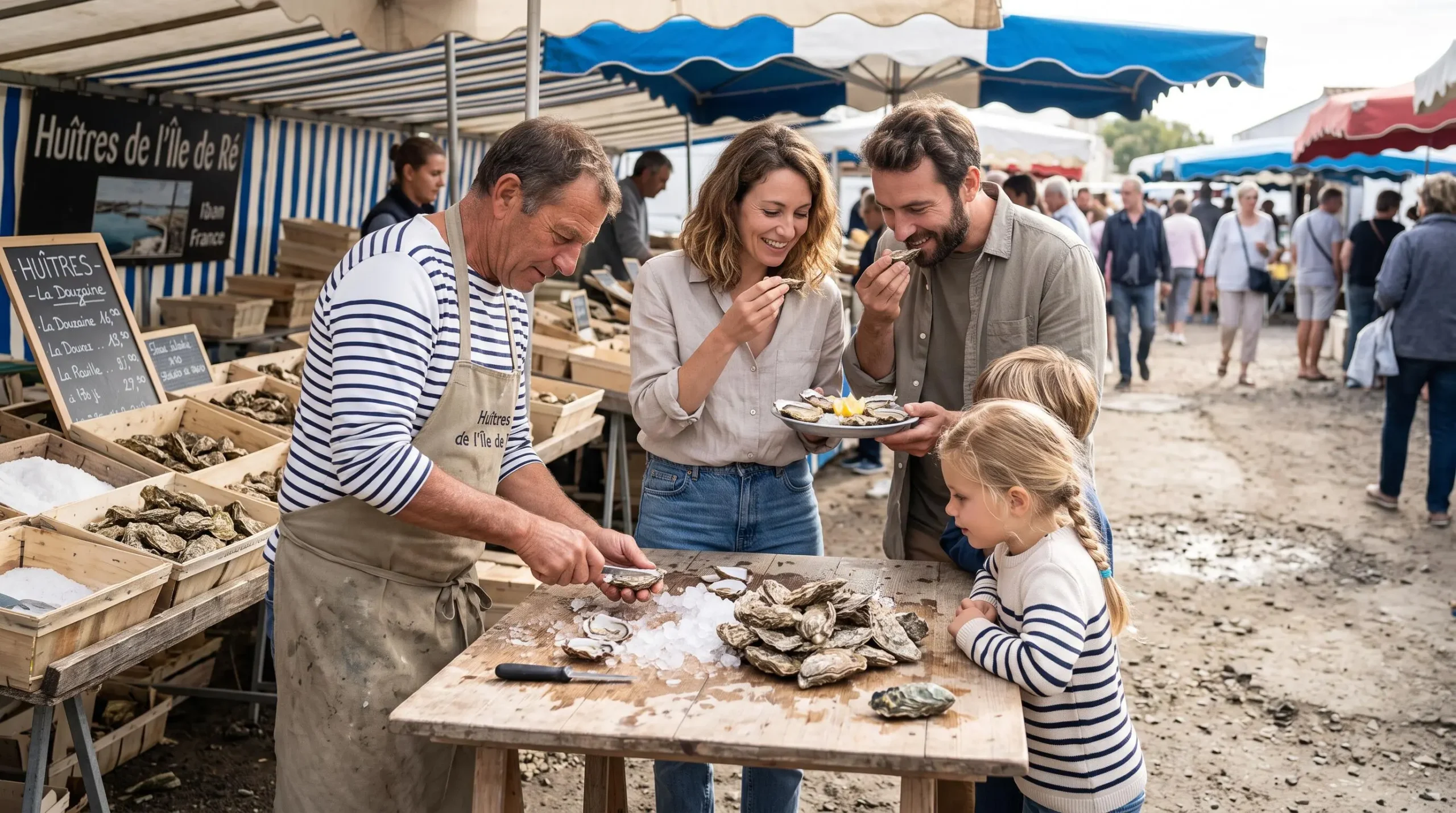 A family tastes fresh oysters at a market stand while a farmer shucks shells for them.