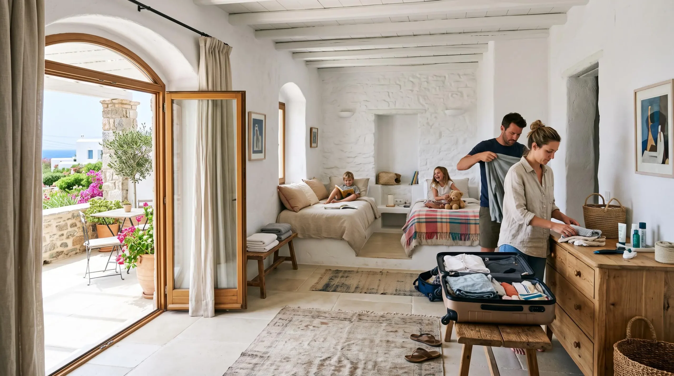 A family settles into a bright whitewashed suite with twin beds and a terrace view.